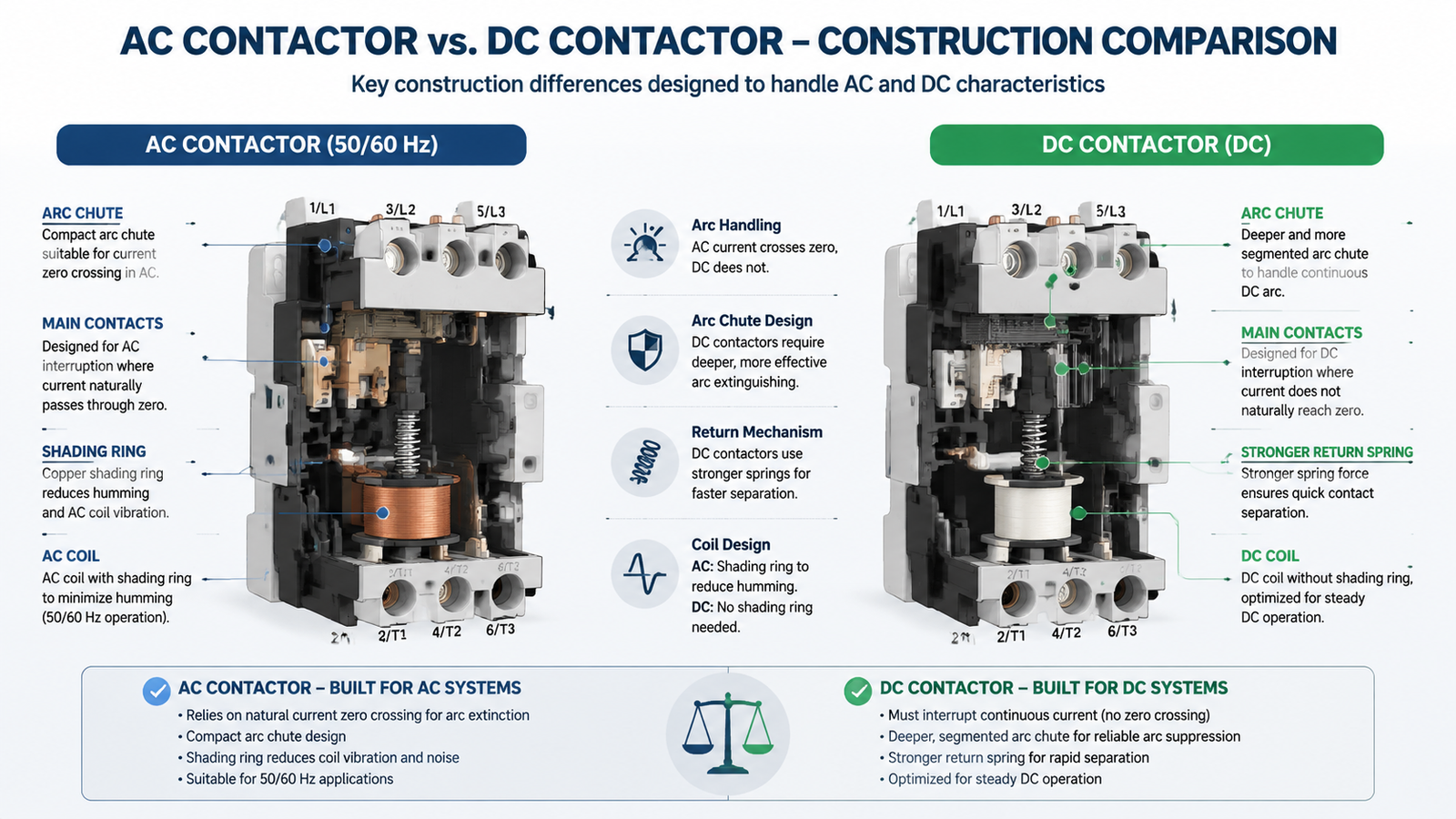 Side-by-side comparison of AC contactor and DC contactor construction