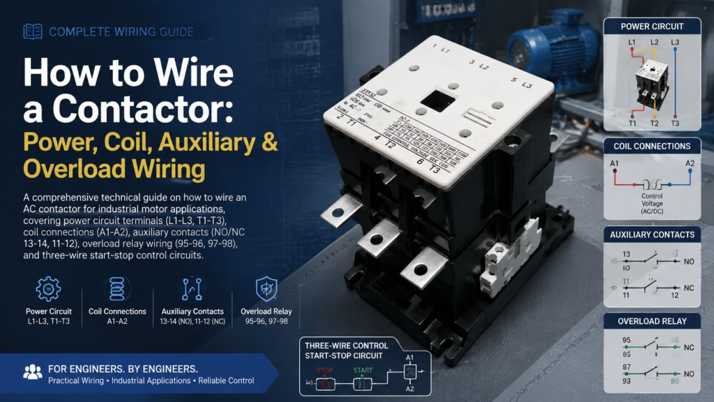 How to wire a contactor: power circuit, coil, auxiliary contacts, and overload relay wiring diagram