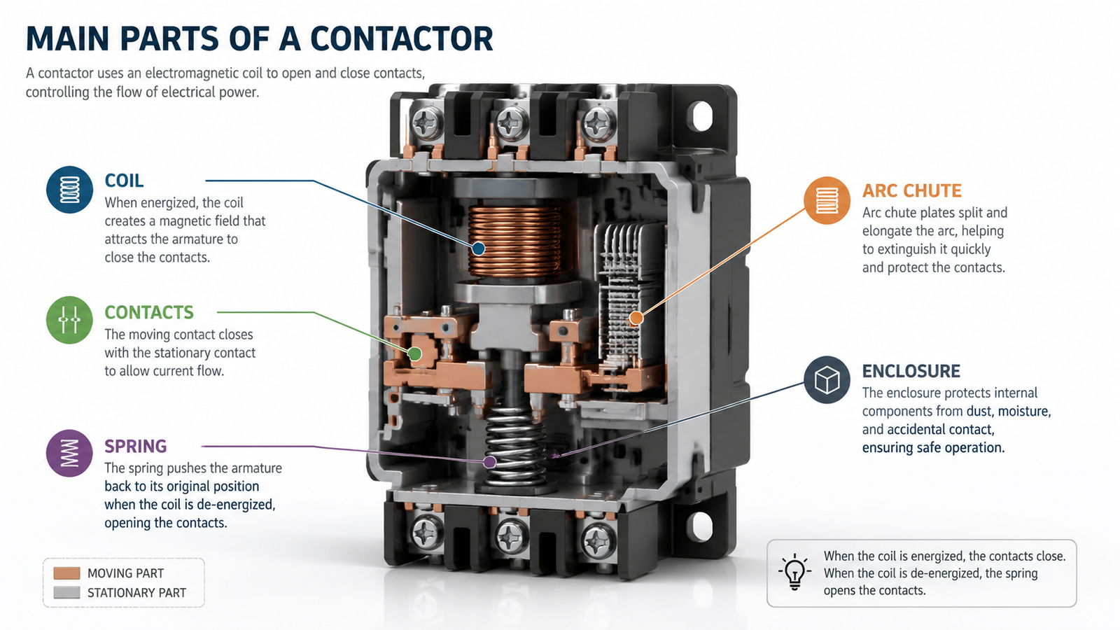 What Is a Contactor,Labeled diagram of contactor parts including coil, contacts, arc chute, spring, and enclosure