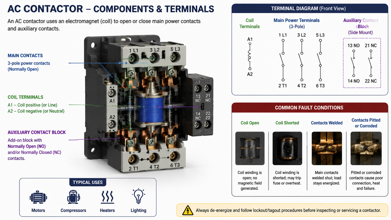 Diagram of an AC contactor showing the coil terminals, main contact terminals, and auxiliary contact block