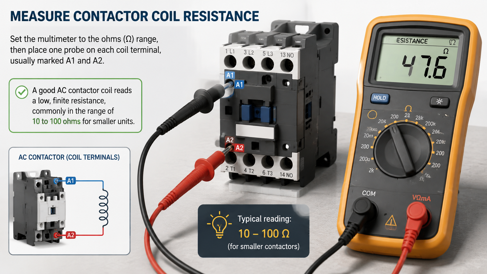 Multimeter leads measuring resistance across the A1 and A2 coil terminals of an AC contactor