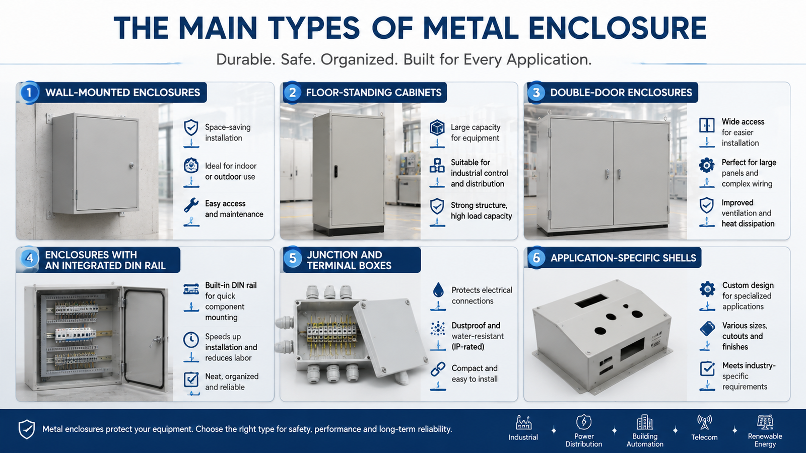 Overview of common metal enclosure types including wall-mounted boxes, floor-standing cabinets and double-door panels