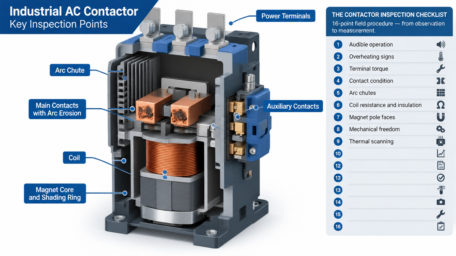 Cutaway diagram of an industrial AC contactor with English labels marking the main inspection points: main contacts, arc chute, coil, magnet core and shading ring, auxiliary contacts, and power terminals