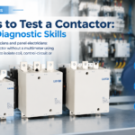 Three industrial AC contactors on a workbench with field diagnostic callouts: sight, sound and touch