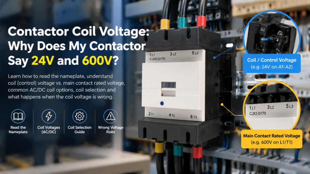 AC contactor nameplate showing separate coil voltage and main contact voltage ratings