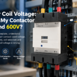 AC contactor nameplate showing separate coil voltage and main contact voltage ratings
