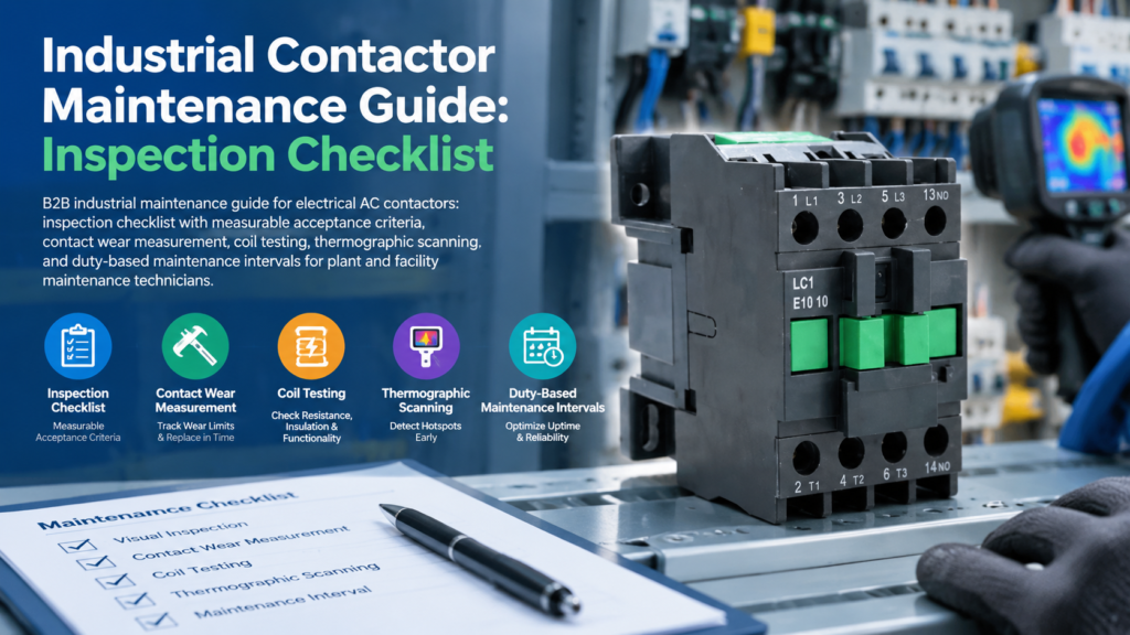 Industrial three-pole AC contactor with inspection points highlighted for preventive maintenance