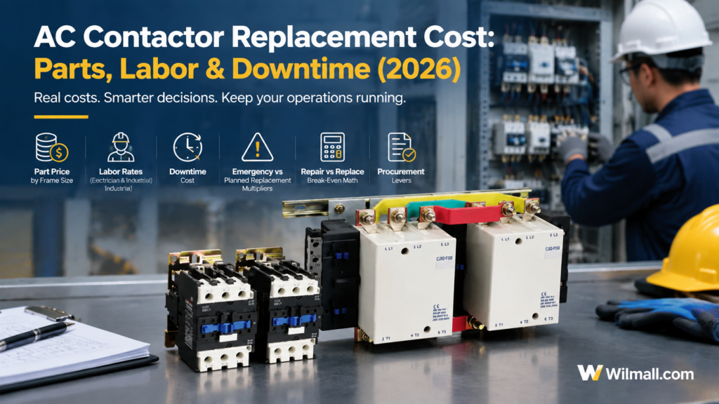 AC contactors of different frame sizes on a workshop bench next to an electrician at an industrial control panel, illustrating 2026 replacement cost factors