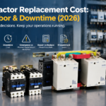 AC contactors of different frame sizes on a workshop bench next to an electrician at an industrial control panel, illustrating 2026 replacement cost factors