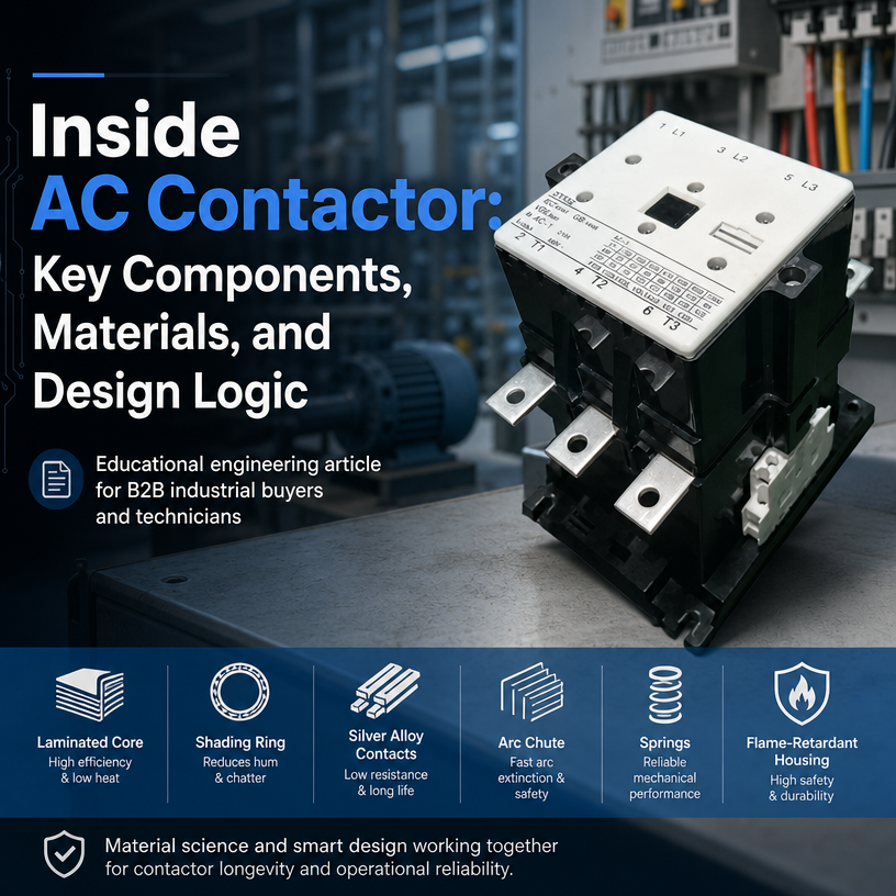 Inside AC contactor cover image showing an industrial AC contactor with internal parts and materials