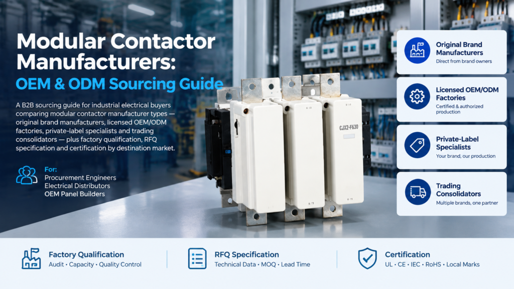 Modular contactor manufacturers: OEM and ODM sourcing guide cover showing CJX2-F contactors with the four supplier archetypes
