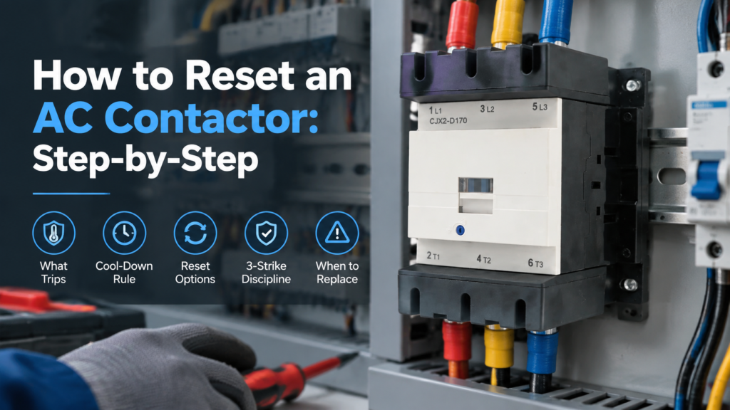 CJX2-D170 AC contactor mounted in a control panel, illustrating how to reset an AC contactor