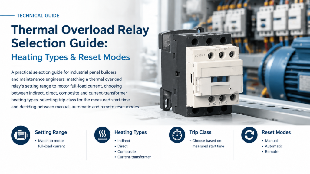 Thermal overload relay selection guide cover showing an industrial overload relay mounted on a contactor