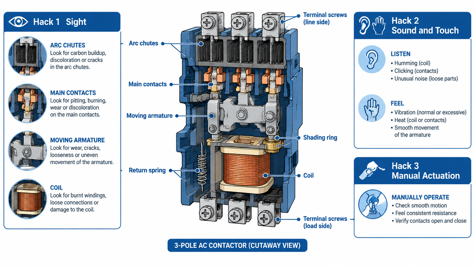 Cutaway view of a three-pole AC contactor labeling where to look, listen and feel: arc chutes, main contacts, moving armature, coil, shading ring, return spring and terminal screws