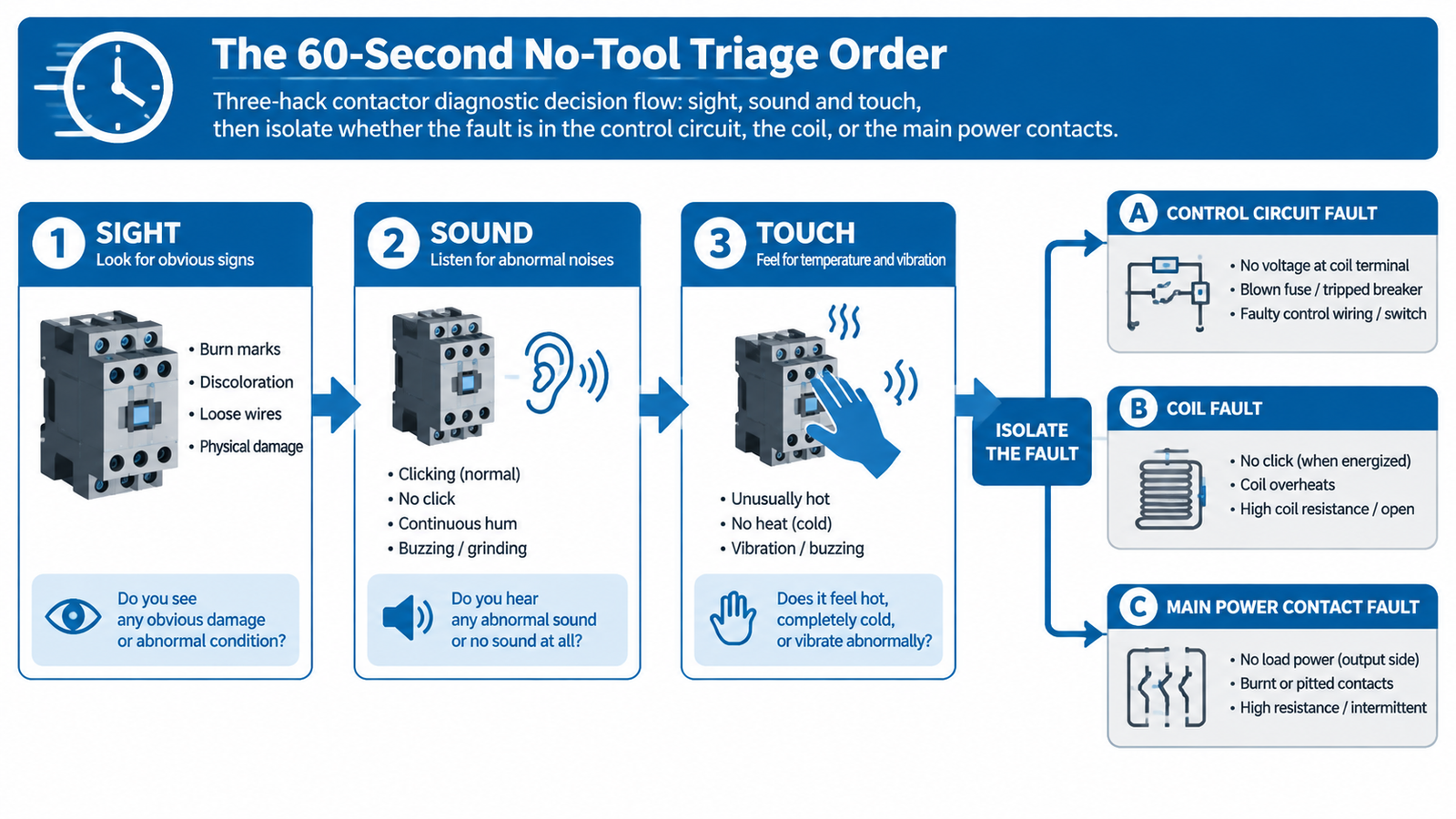 Three-hack no-tool contactor diagnostic decision flow: sight, sound and touch, then isolate whether the fault is in the control circuit, the coil, or the main power contacts
