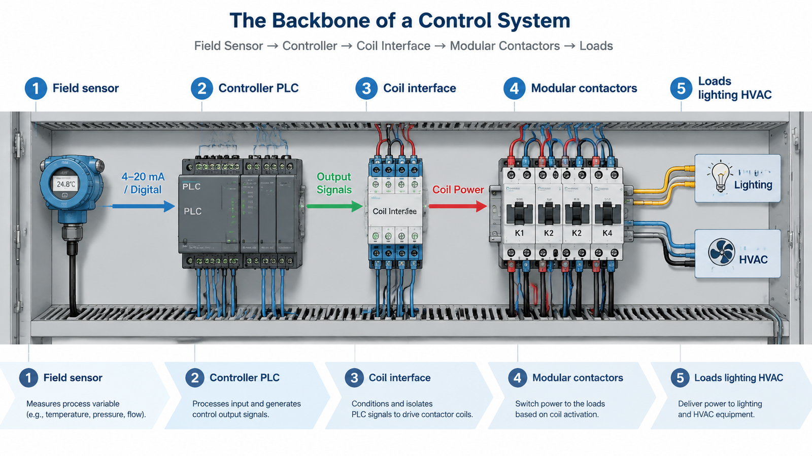 Control chain architecture: field sensor to PLC controller to coil interface to DIN-rail modular contactors switching lighting and HVAC loads