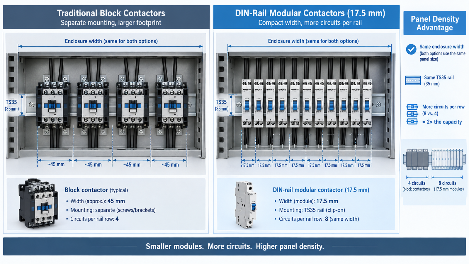 Panel density comparison: traditional block contactors versus 17.5 mm DIN-rail modular contactors on the same TS35 rail