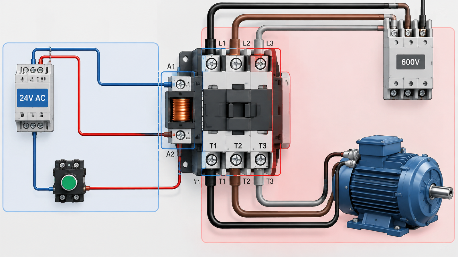 Diagram showing the 24V control coil circuit on A1-A2 terminals separate from the 600V main contact load circuit