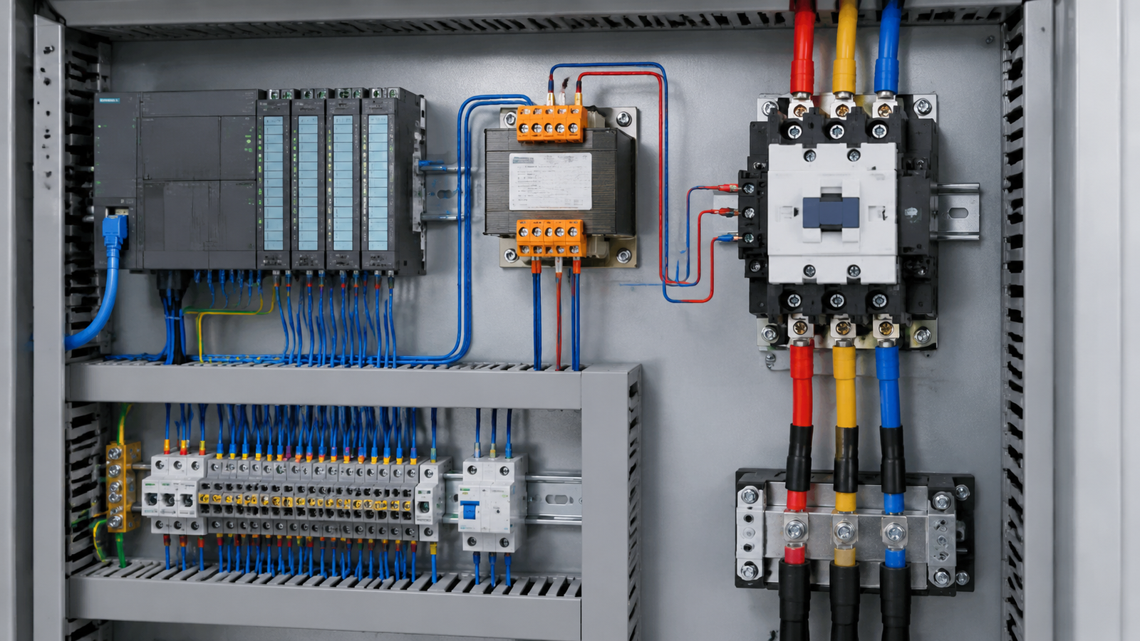 Industrial control panel where a low-voltage control transformer supplies the contactor coil