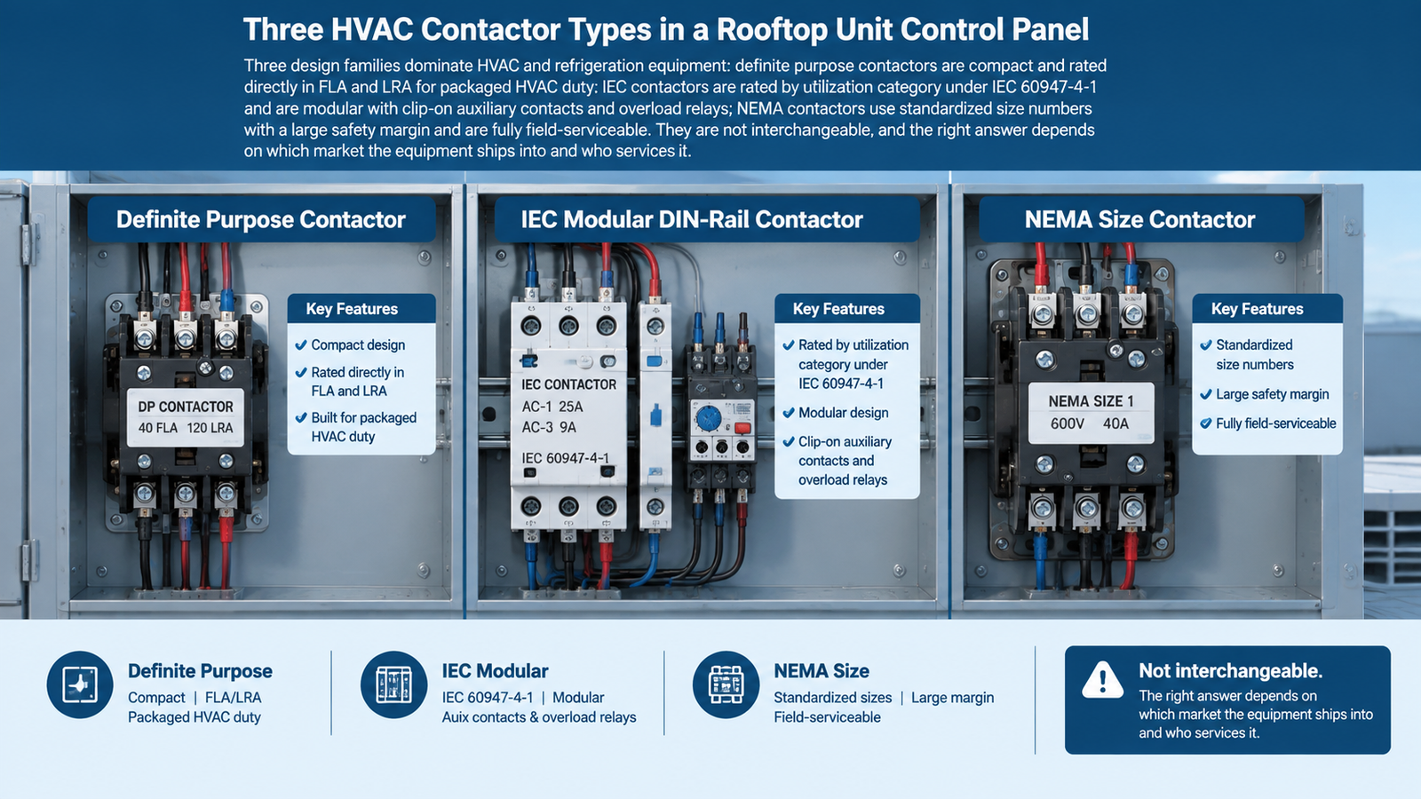 Diagram comparing definite purpose, IEC, and NEMA contactors installed side by side in a commercial rooftop unit control panel