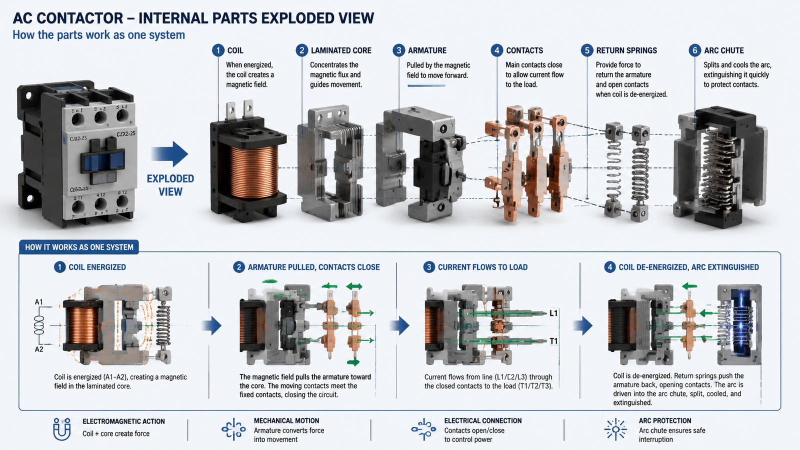 Exploded view showing main parts inside an AC contactor: coil, laminated core, moving and fixed contacts, return springs and arc chute