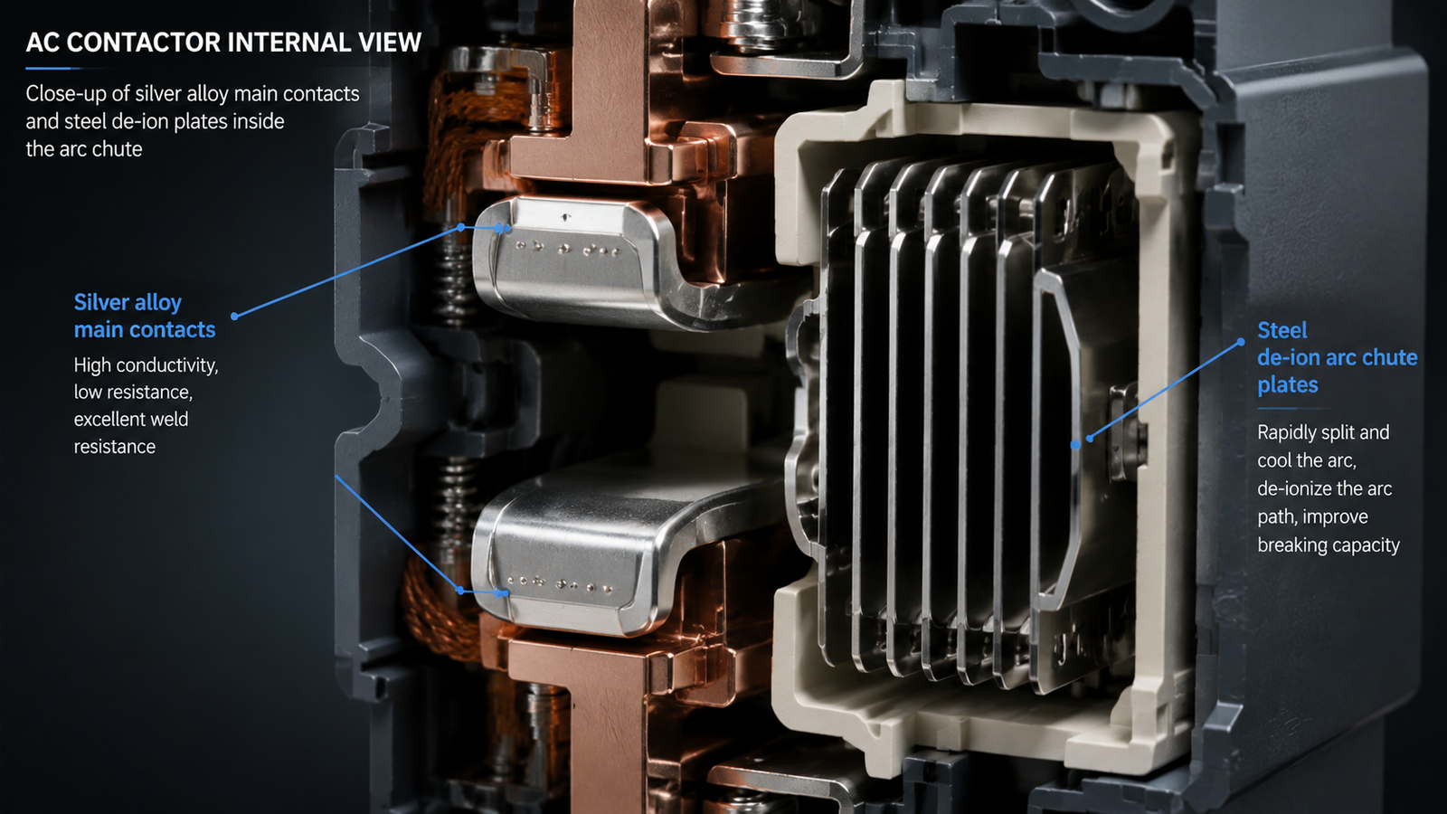Close-up of silver alloy main contacts and the steel de-ion plates of an arc chute inside an AC contactor