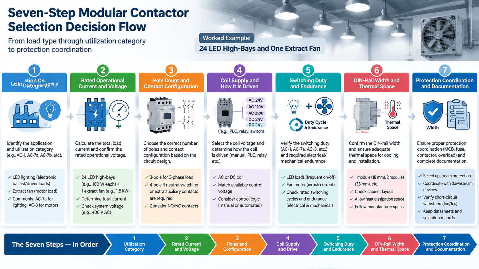 Decision flow diagram showing the seven modular contactor specification steps from load type through utilization category to protection coordination