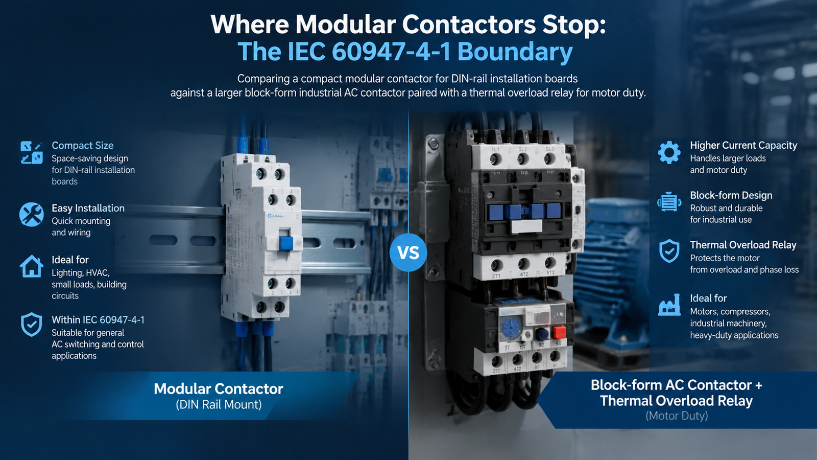 Comparison diagram of a 2-pole modular contactor on DIN rail beside a block-form industrial AC contactor paired with an overload relay