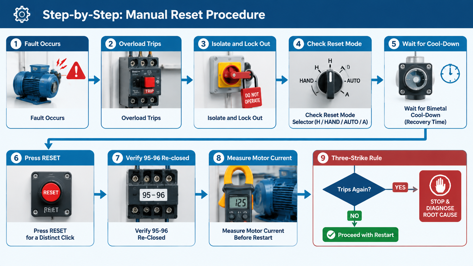 Nine-step flowchart for resetting a contactor starter: isolate, cool down, reset, verify current, three-strike rule
