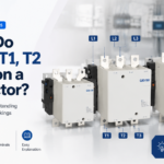 Three-pole AC contactor with labelled L1 L2 L3 line terminals, T1 T2 T3 load terminals and A1 A2 coil terminals for wiring education
