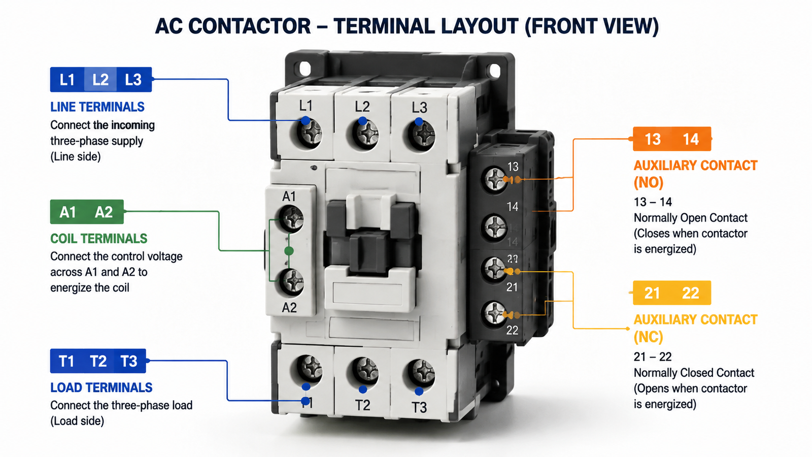 Annotated terminal layout of an AC contactor showing L1 L2 L3 line terminals, T1 T2 T3 load terminals, A1 A2 coil terminals and auxiliary contacts 13 14 21 22