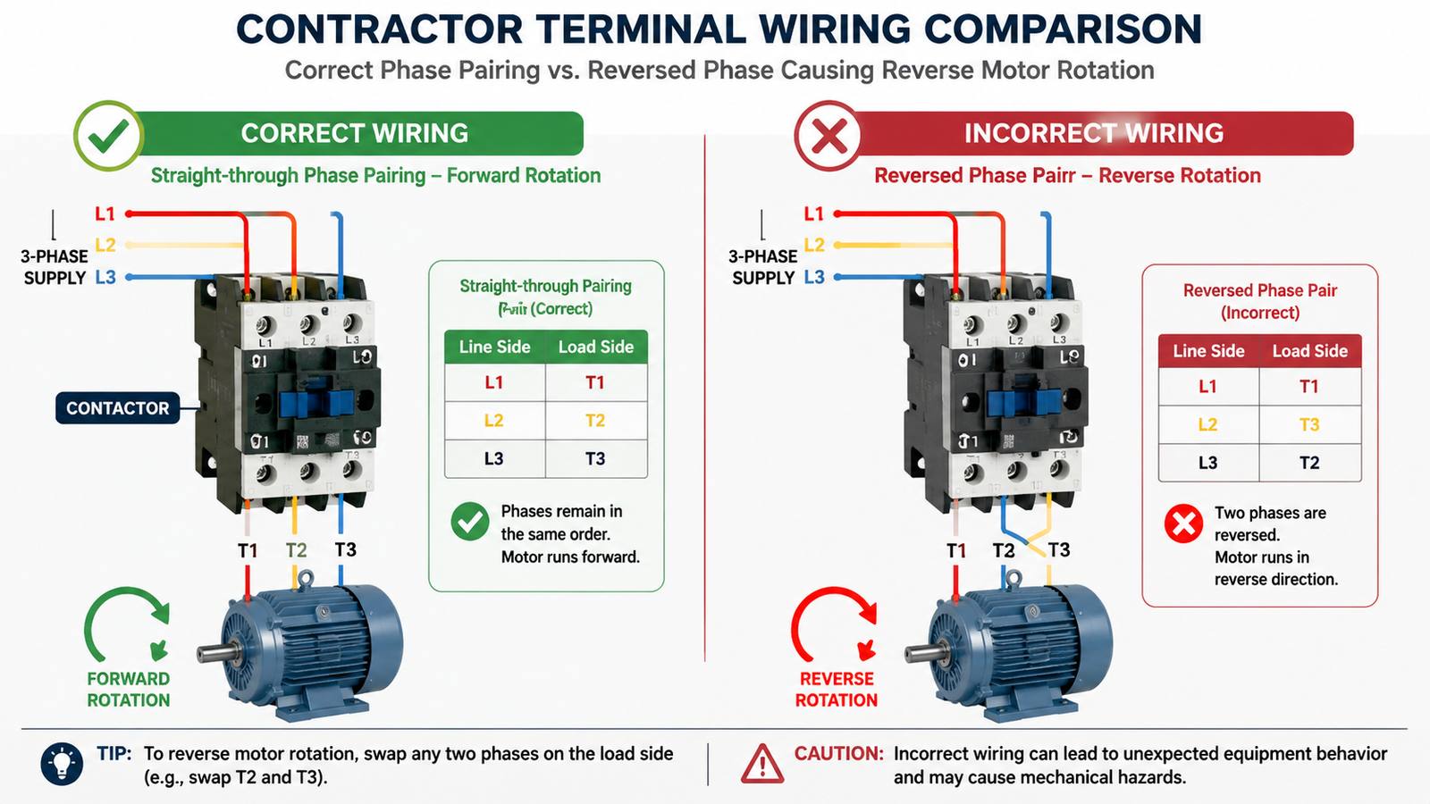 Comparison of correct and incorrect contactor terminal wiring showing straight-through L1-T1 L2-T2 phase pairing versus a reversed phase causing reverse motor rotation