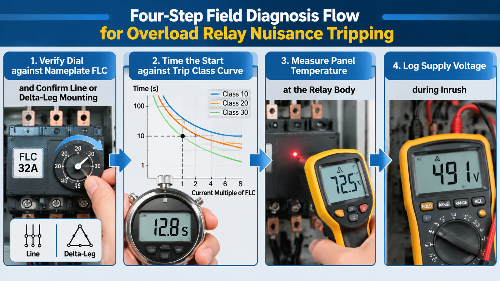 Four-step field diagnosis flow for overload relay nuisance tripping: verify dial setting against nameplate FLC, time the start against trip class, measure panel temperature at the relay body, then log supply voltage during inrush