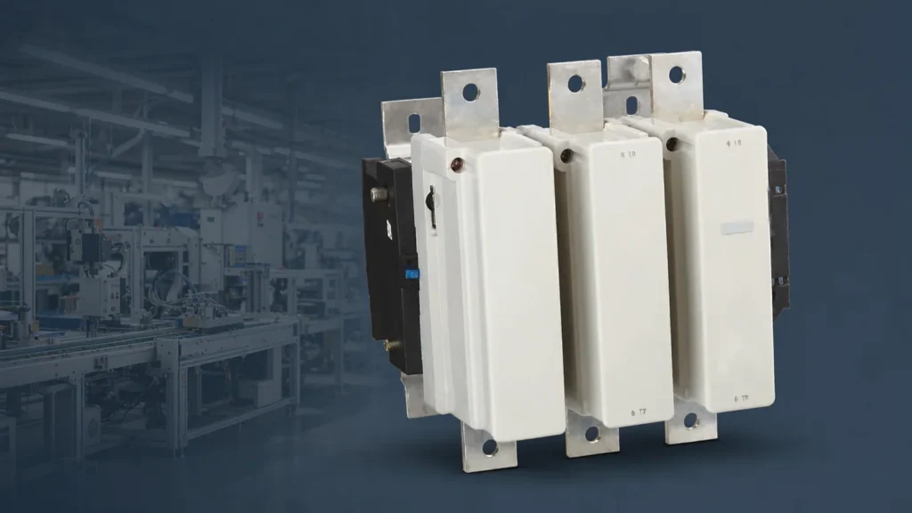 Vetting AC contactor suppliers: factory production line background with contactor product as hero