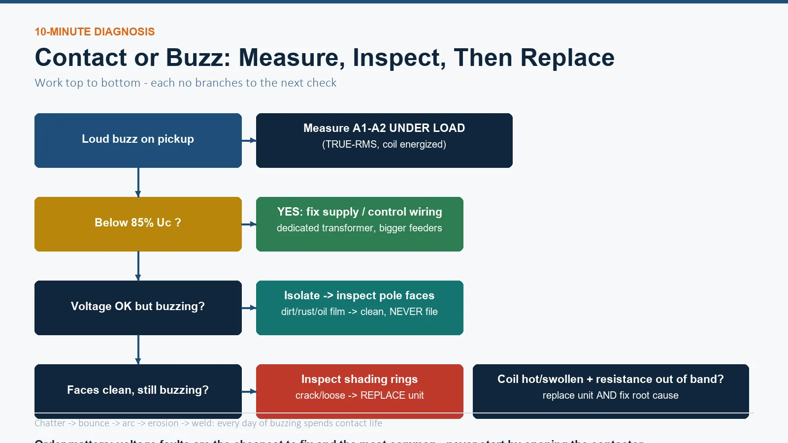 Ten-minute contactor buzzing diagnosis flowchart: measure coil voltage at A1-A2 under load, inspect pole faces, inspect shading rings, then replace the unit