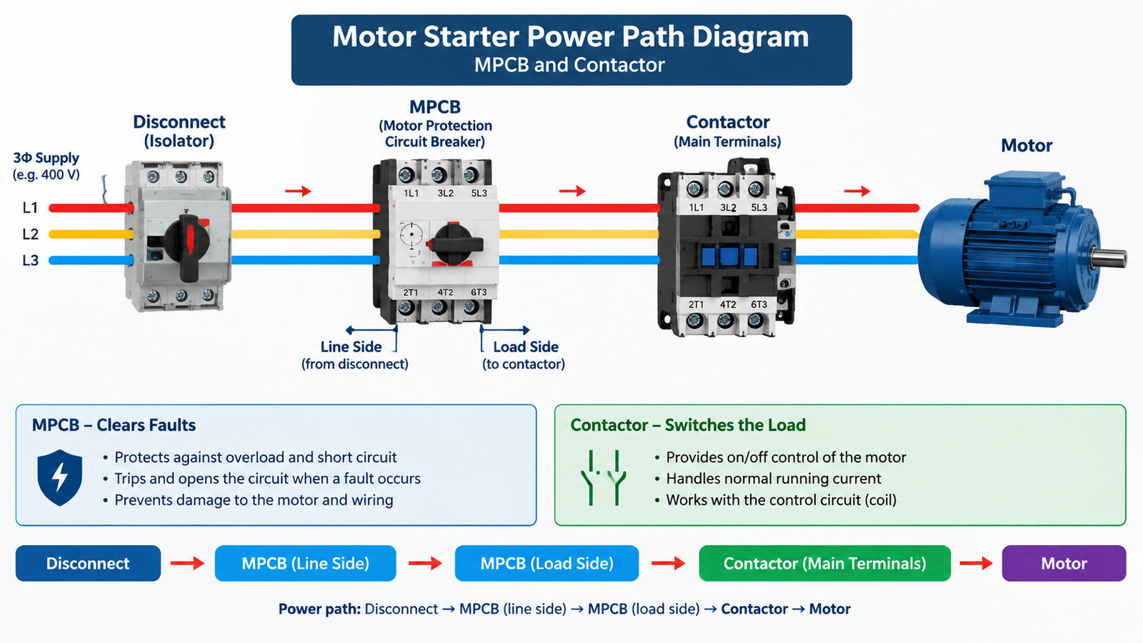 Motor starter power path diagram showing disconnect to MPCB line side, MPCB load side to contactor main terminals, and contactor to motor, with the MPCB clearing faults and the contactor performing the switching duty