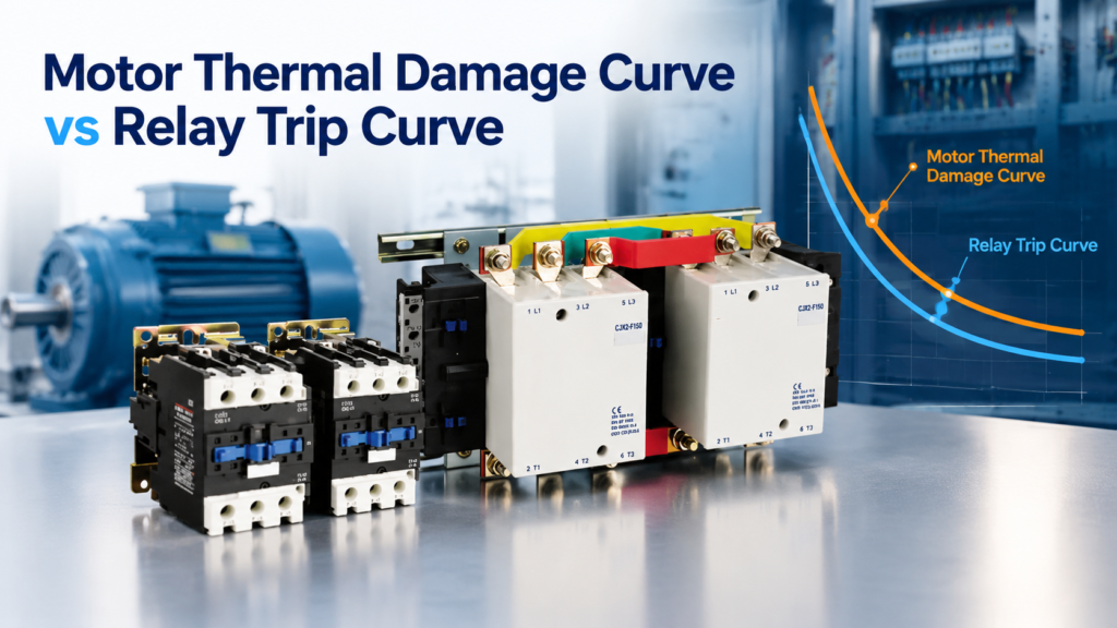Motor thermal damage curve plotted against overload relay trip curves on log-log axes