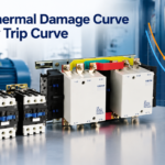 Motor thermal damage curve plotted against overload relay trip curves on log-log axes