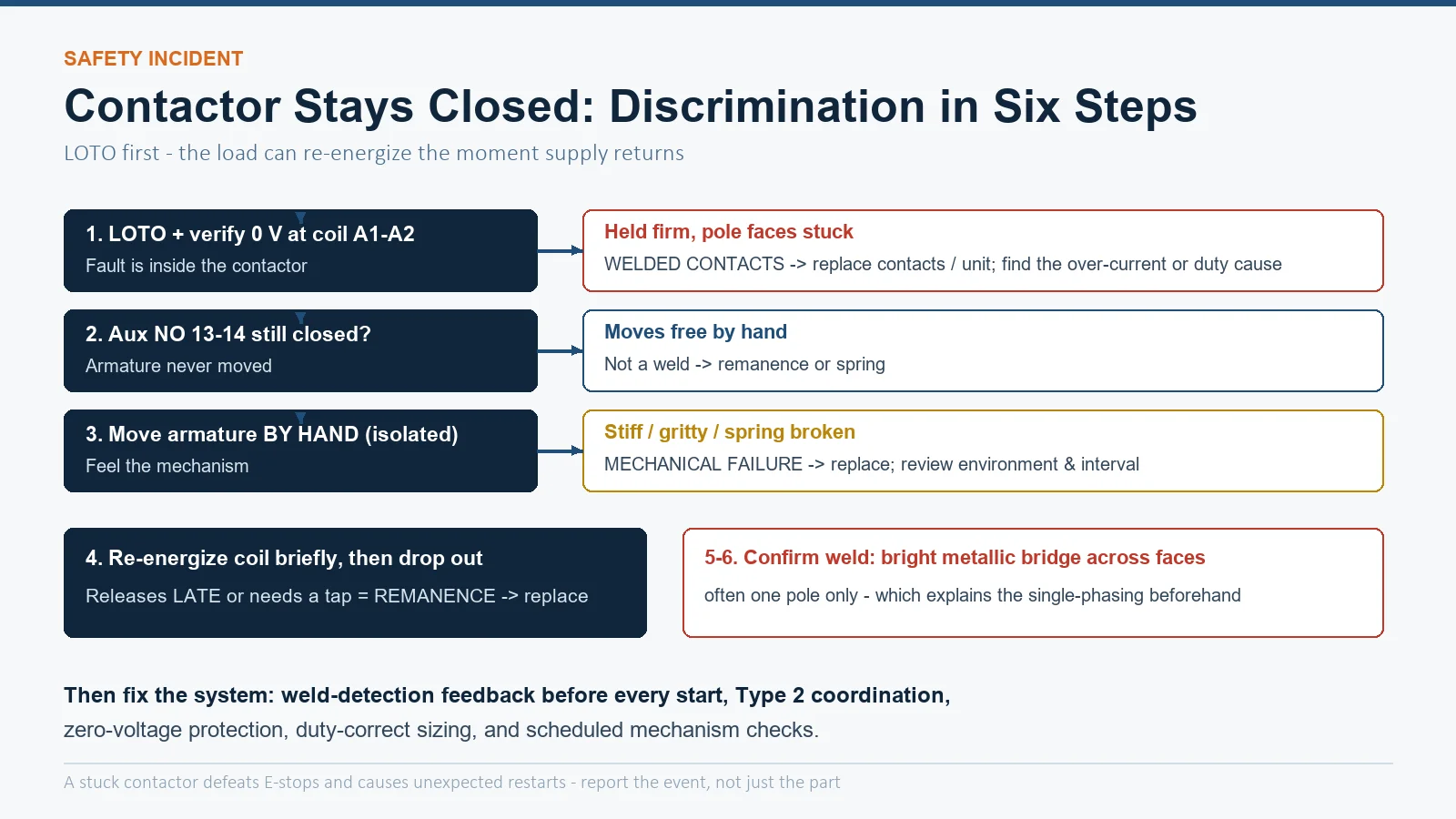 Six-step decision flow for a contactor that stays closed after power off: LOTO and coil voltage check, auxiliary contact state, armature movement, weld inspection, remanence test and spring inspection