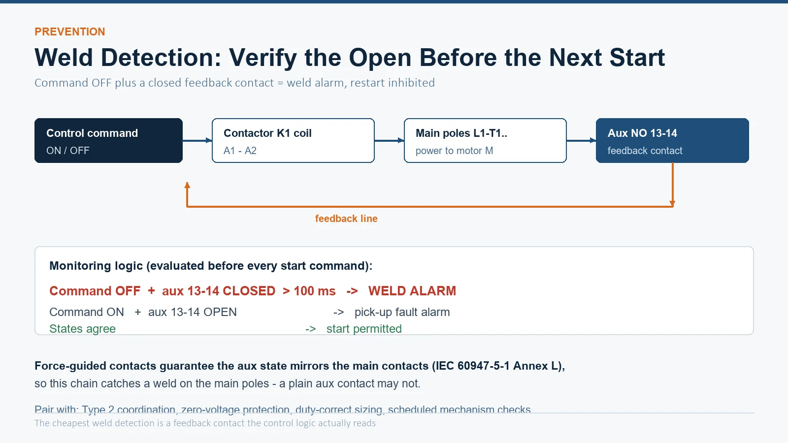 Weld detection feedback circuit diagram: control command, contactor coil, main poles and auxiliary NO 13-14 feedback contact with monitoring logic that inhibits restart on a weld alarm