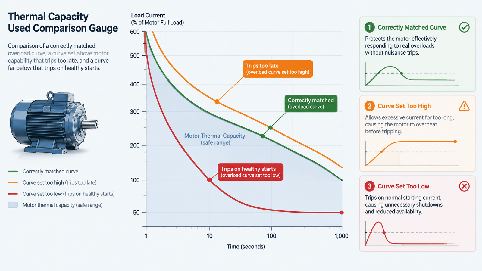 Thermal capacity used gauge diagram comparing a correctly matched overload curve, a curve set above the motor capability that trips too late, and a curve set far below that trips on healthy starts