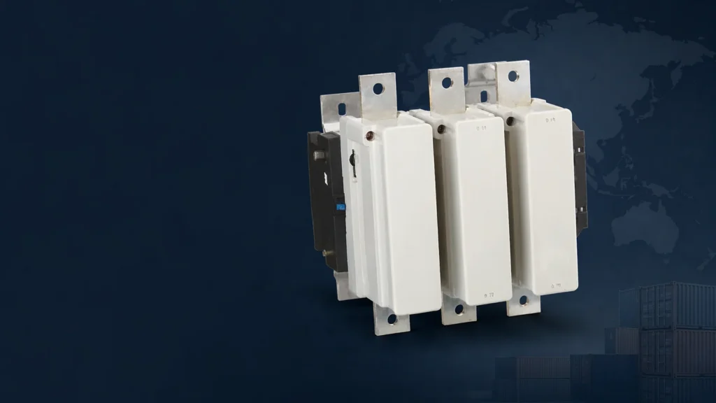 Global AC contactor market overview cover with contactor product on a world map and container background