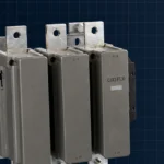 CJX2-F series AC contactor as hero product on a dark navy blueprint grid with faint technical document pattern
