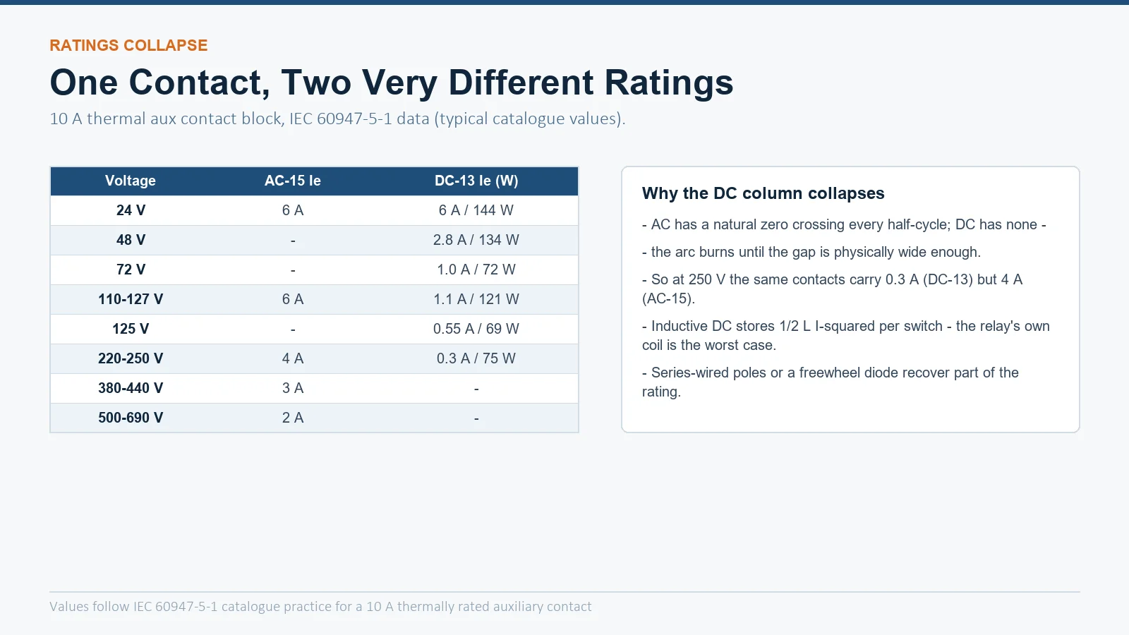 Rating table and explanation chart showing a 10A auxiliary contact rated 4A at AC-15 220V but only 0.3A at DC-13 250V, with the reasons: no zero crossing in DC and stored inductive energy