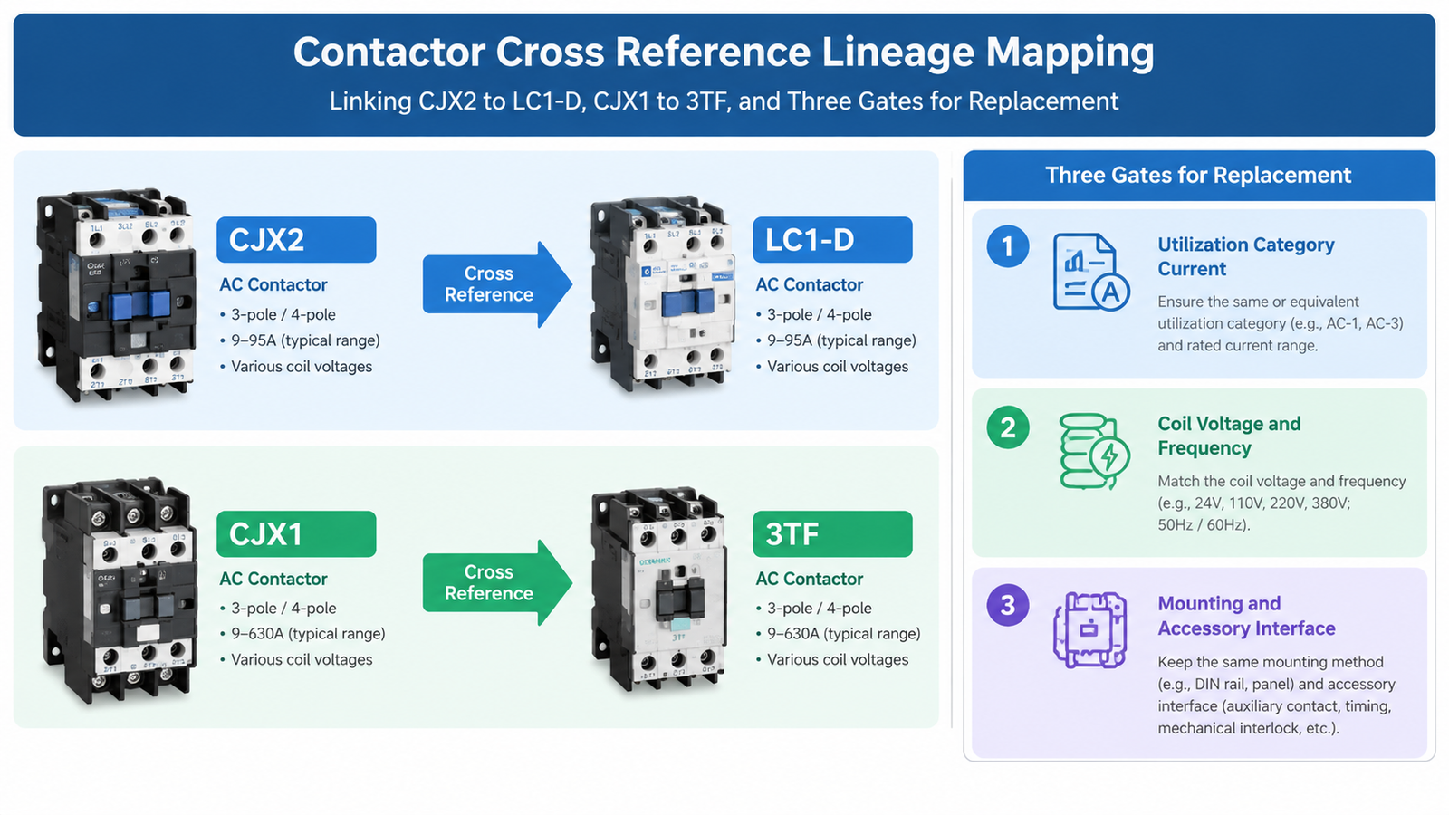 Cross-reference mapping diagram linking the CJX2, LC1-D and 3TF families by lineage, with three replacement preconditions shown as gates: utilization-category current rating, coil voltage and frequency, and mounting plus accessory interface