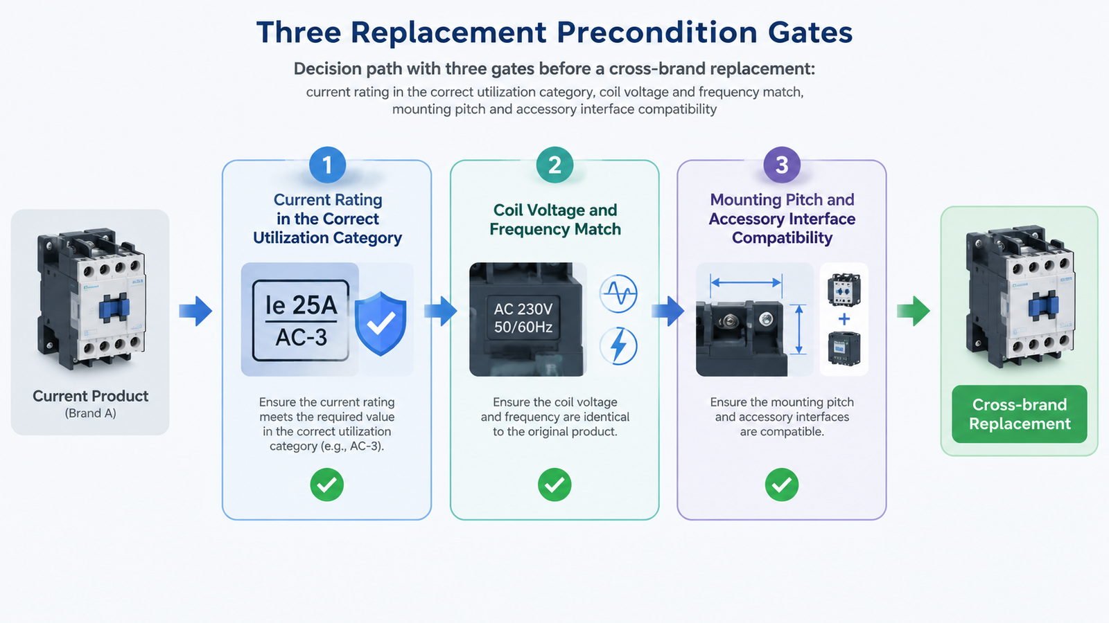 Three replacement precondition gates shown as a decision path: current rating in the correct utilization category, coil voltage and frequency match, then mounting pitch and accessory interface compatibility
