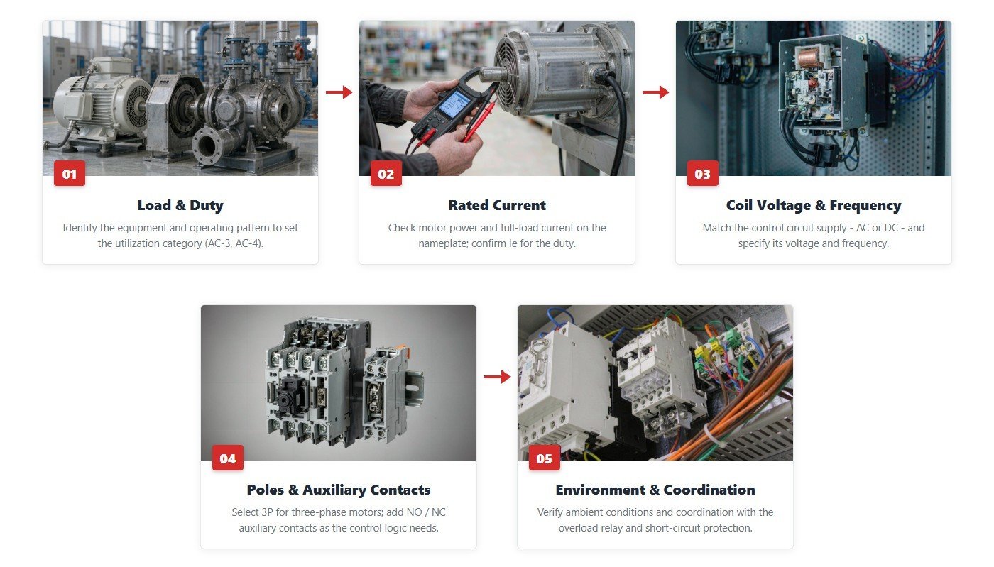 AC contactor selection process flowchart - five steps: load and duty, rated current, coil voltage and frequency, poles and auxiliary contacts, environment and coordination