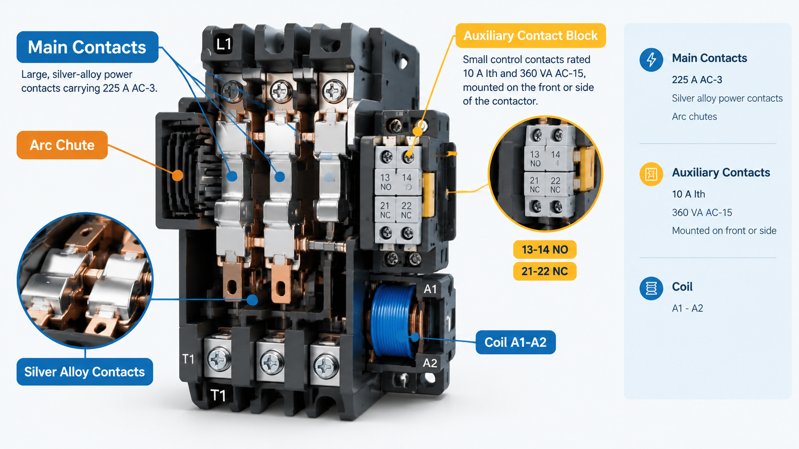 Cutaway diagram comparing main contacts and auxiliary contact block inside an AC contactor