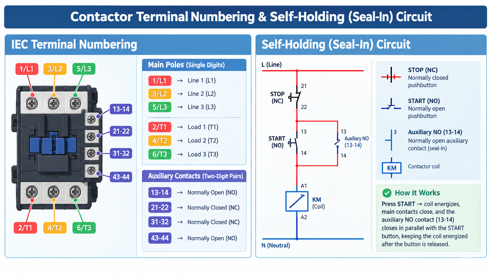IEC contactor terminal numbering chart with self-holding seal-in circuit diagram
