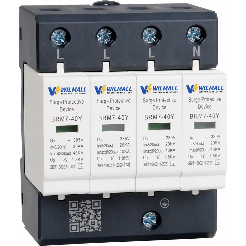 BRM7-40Y Type 2 surge protector in grey housing, 4-pole, 385 V AC, 20 kA In, 40 kA Imax, 1.8 kV Up, DIN rail mount
